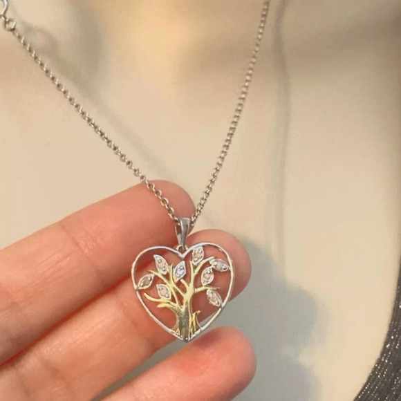 Sterling Silver Heart Tree of Life Pendant 18” Necklace CZ 925 Gold Branches MA - Picture 1 of 7